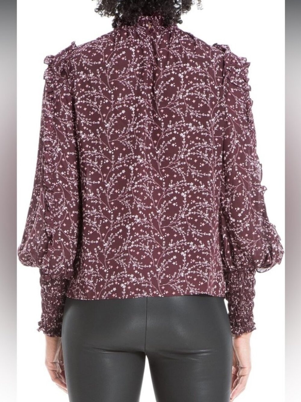 Max Studio Smocked High Neck Ruffled Blouse Dark Plum Floral Print Size Small